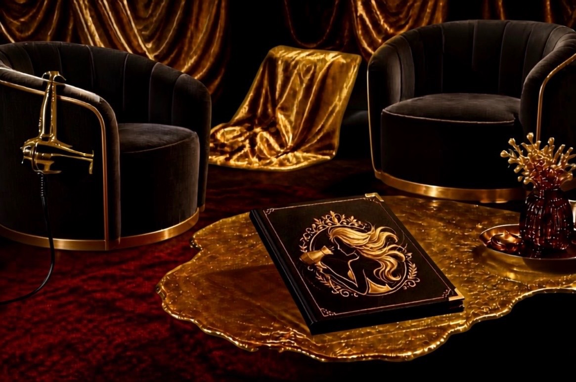 Black velvet armchairs, gold drapes and Rafael’s lookbook on a gold coffee table