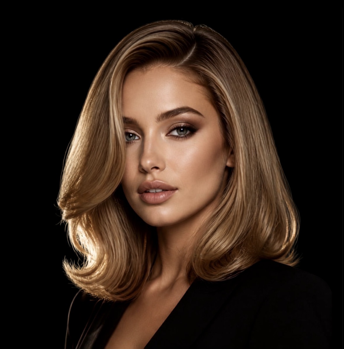 Model with a smooth, glossy honey-blonde blowout with softly curved ends