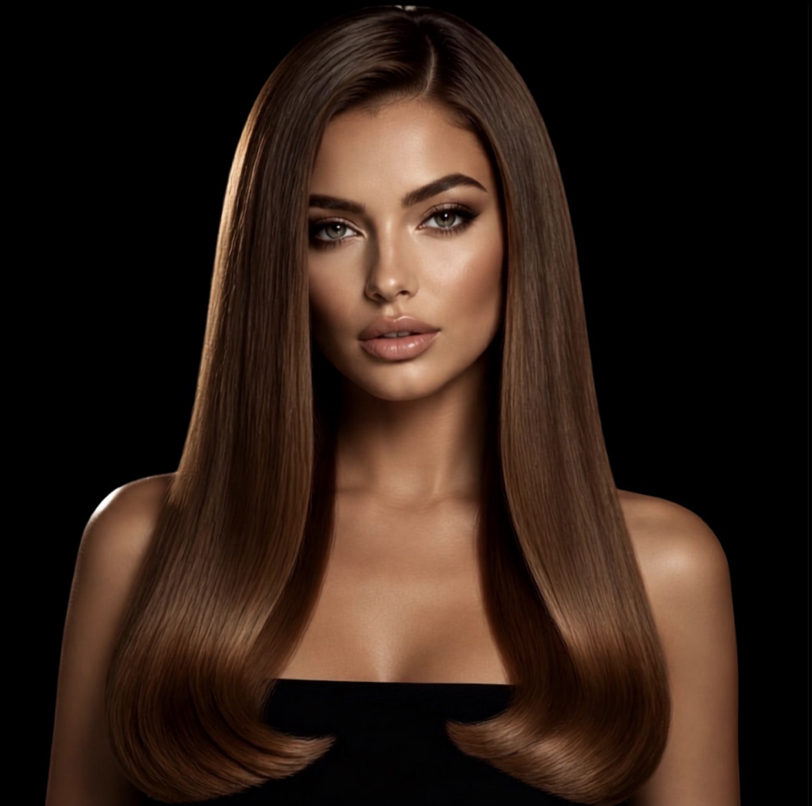 Model with sleek, smooth, straight brunette hair